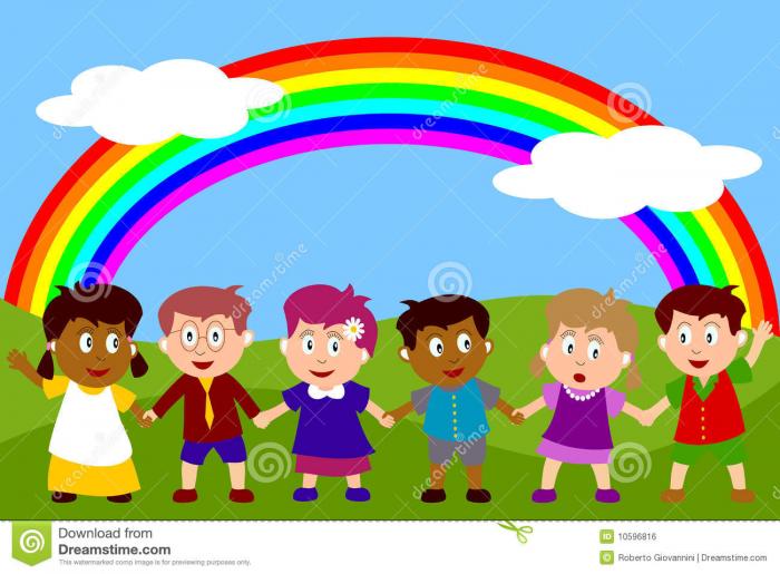 Pictured: A rainbow image with two clouds arched over a diverse group of cartoon children holding hands.
