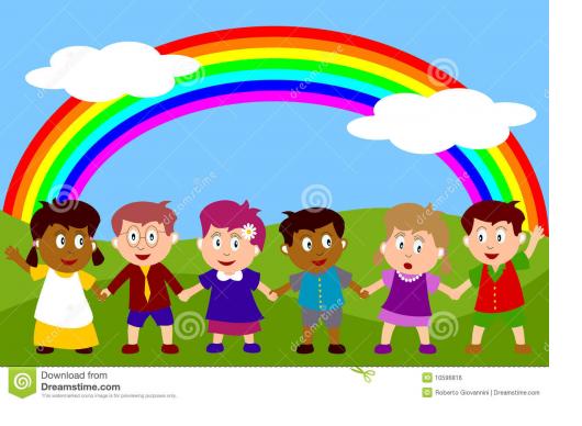 Pictured: A rainbow image with two clouds arched over a diverse group of cartoon children holding hands.